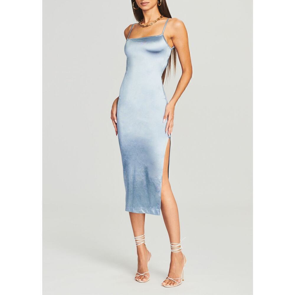 SER.O.YA Birdie Dress Satin Hi Slit Midi Blue L